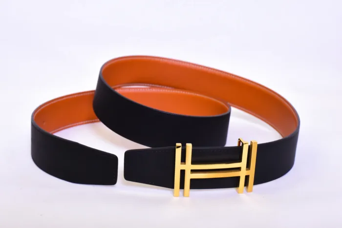 Hermes Golden Logo Orange Black Belt - Image 3