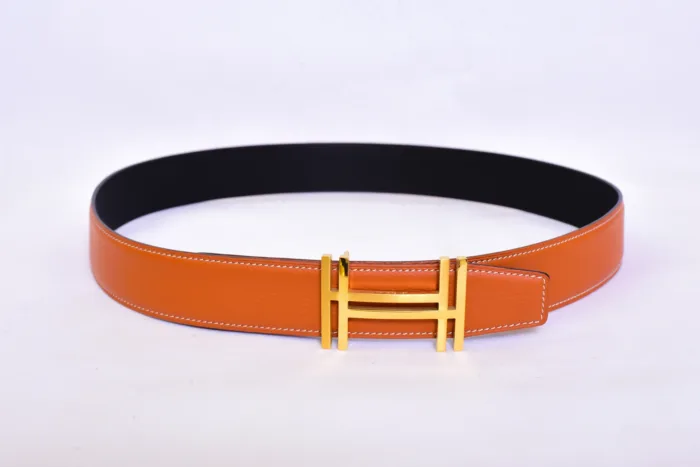 Hermes Golden Logo Orange Black Belt - Image 4